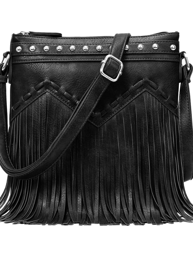 Fringe Crossbody Bag With Rivets Western Purse Vegan Leather Tassel Shoulder Cro